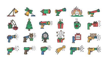Festive Icon Set: A vibrant collection of Christmas-themed icons, depicting celebratory elements and seasonal decorations, ideal for holiday designs and cheerful illustrations.