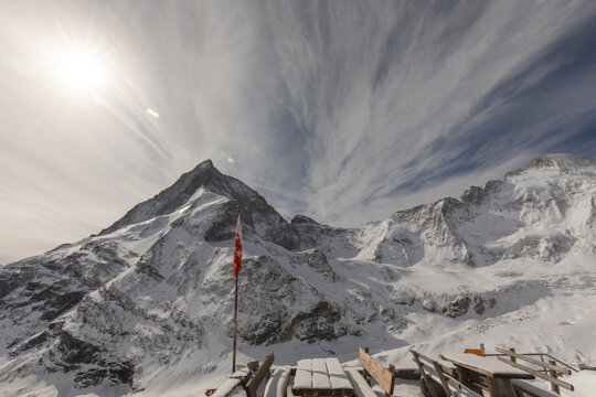 Snow-covered Matterhorn peaks in Zermatt