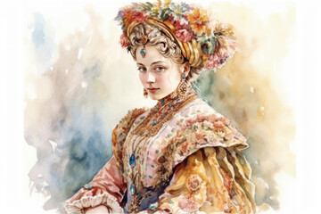 A watercolor portrait of a young woman in luxurious period costume, adorned with intricate embroidery, precious stones, and floral elements.  