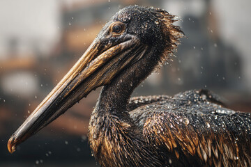 Ocean oil spill harm bird, pelican covered with oil