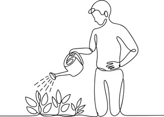 Continuous Line Art Illustration of Person Watering Plants with Watering Can Peaceful Home Garden Minimal Style