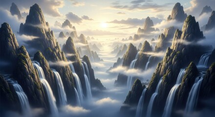 Misty mountains with cascading waterfalls and sunlight streaming through