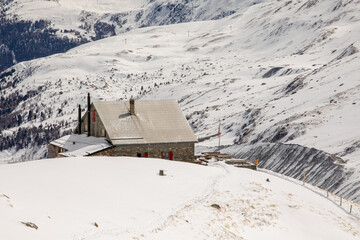 Remote winter hut in the scenic Alps near Zermatt