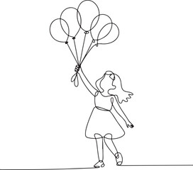 Continuous Line Art Illustration of Girl Holding Floating Balloons Whimsical Joyful Minimal Style