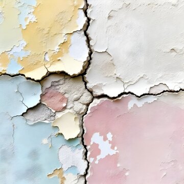 una pared de estuco con pintura que se desprende lentamente, revelando capas de colores pastel desaturados debajo.