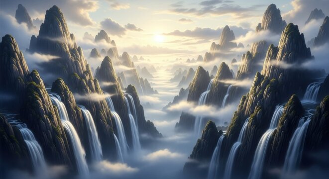 Misty mountains with cascading waterfalls and sunlight streaming through - Powered by Adobe
