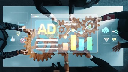 A group of professionals collaborates on a digital marketing strategy, utilizing data analytics and innovative technology tools to enhance advertising efforts and achieve goals. Raster