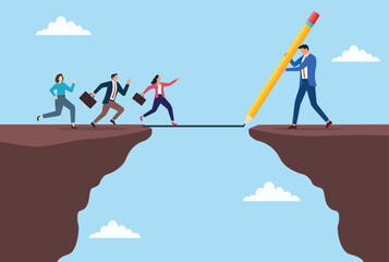 Vector illustration of a leader drawing a bridge with a giant pencil to help colleagues cross a gap, symbolizing guidance, teamwork, problem solving, and creating opportunities for success
