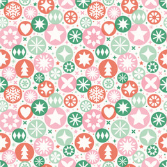 Christmas background in modern style. Colourful decorations with balls, stars and snowflakes. Seamless pattern. Vector illustration