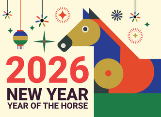 Stylized horse illustration celebrates the upcoming year of 2026 and the happy new year