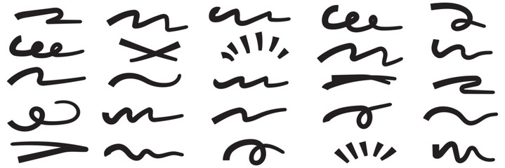 Underline Vector Set Hand-Drawn Brush Strokes and Vintage Dividers. Calligraphic Underline and Border Vector. Black Brushstroke Underlines and Swirl Dividers. Eps 10. Black marker and brush stroke set