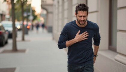 Fototapeta premium The image depicts a man walking on a city sidewalk, clutching his chest with a pained expression on his face