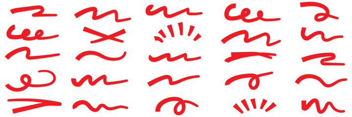 Abstract Red hand drawn lines and scribbles on white background by marker or pen. Doodle chalk style design elements for highlights, text dividers, frames, or decorative purposes. Minimalist sketchy.E