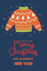 Christmas poster in cartoon style. Greeting card decorated with winter sweater. Vector illustration