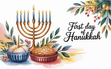 First day of Hanukkah with menorah and watercolor floral accents