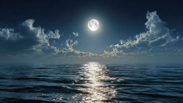 Full moon casting a shimmering silver reflection over calm ocean waters under a tranquil night sky with scattered clouds on the horizon