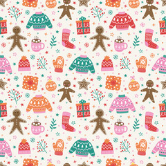 Christmas background. Colourful hand drawn decorations. Seamless pattern. Vector illustration