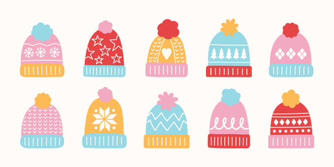 Colourful cartoon winter hat set. Christmas elements. Vector illustration