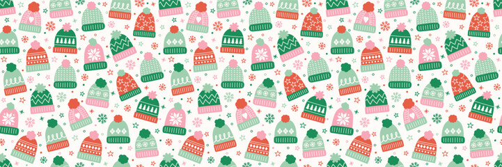 Seamless pattern with cute cartoon winter hats. Christmas background design. Banner. Vector illustration