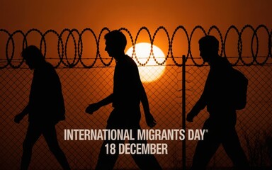 International Migrants Day silhouettes walking past barbed wire fence