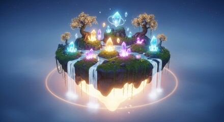 Magical floating island with glowing crystals and waterfalls fantasy art