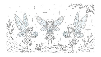 Enchanting Fairy Trio: Three graceful fairies, adorned with delicate wings and ethereal outfits, gather in a mystical, wintery wonderland, holding glittering snowflakes.
