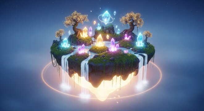 Magical floating island with glowing crystals and waterfalls fantasy art