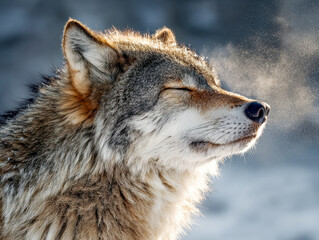 Obraz premium Gray wolf enjoying the cold winter air with eyes closed as warm breath forms visible mist against a soft blurred snowy background in nature