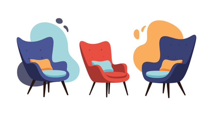 Three stylish blue and red modern armchairs with colorful cushions, set against abstract organic shapes, representing contemporary home decor.