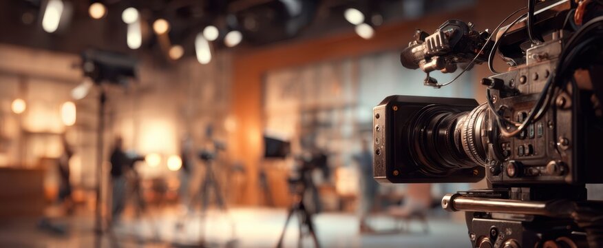 The Camera in a Professional Television Studio Set with Cinematic Lighting