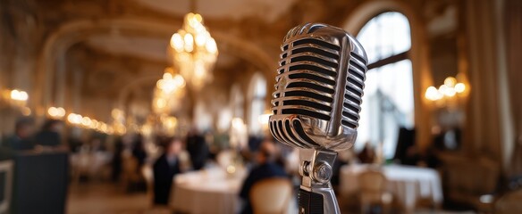The microphone poised in an elegant ballroom awaiting a live performance or speech