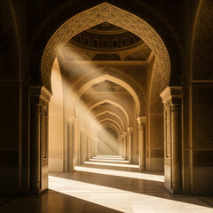 Fototapeta premium Ethereal Sunlit Corridor: Islamic Architecture and Arches