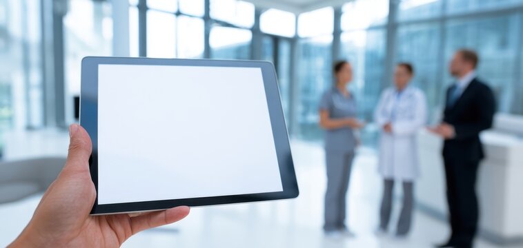 The Tablet in Foreground With Blurred Medical Team Discussing Healthcare in Modern Clinic
