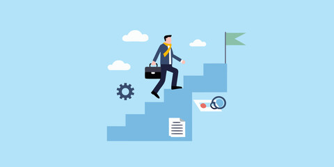 Businessman climbing stairs towards flag representing success and goals
