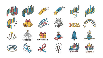 Celebratory Graphic Elements: A colorful array of icons and illustrations captures the essence of celebration, featuring fireworks, shooting stars, and holiday accents, evoking joy and festive spirit.
