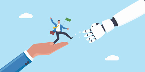 Businessman leaping from human hand to robot hand holding a flag