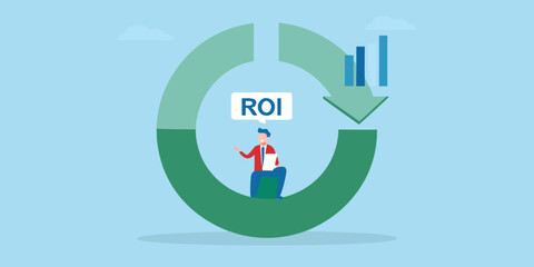 Business man sitting in a circular graph with roi text and downward trend