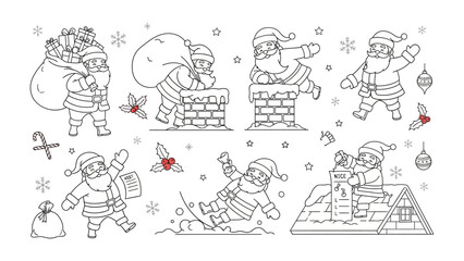 Fototapeta premium Santa's Festive Antics: A delightful collection of illustrations captures the jolly spirit of Santa Claus as he navigates the season with his iconic bag, chimney adventures, and joyous celebrations.