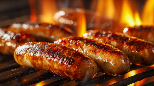 Juicy grilled sausages cooking over open flames on a barbecue grill with a delicious charred exterior and smoky aroma perfect for outdoor summer gatherings