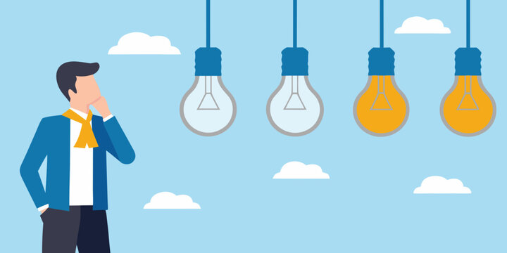 Man thinking about ideas with glowing light bulbs above him - Powered by Adobe