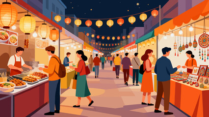 This illustration depicts a lively evening night market: colorful stalls line a crowded alley, lit by glowing lanterns and neon signs, with people shopping and interacting in a festive atmosphere. © Canis