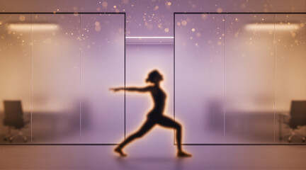Fototapeta premium Silhouette of a woman practicing yoga in a warrior pose inside an office space with glass walls and warm lighting.