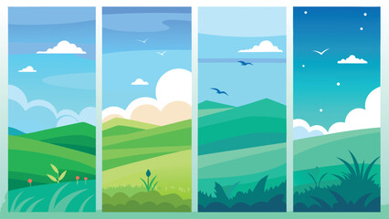 Fototapeta premium collection of four banners displaying various mountain and tree scenes, highlighting nature's splendor..eps