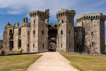 Grand towers and entrance of the historic 15th-century Raglan Castle ruins