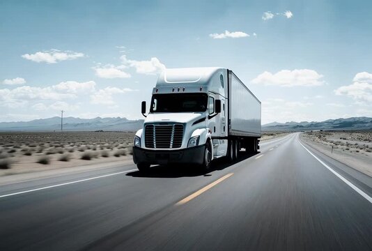 Freightliner semi truck convoy cruising across the desert highway, under scenic blue sky