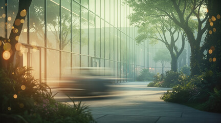A modern glass building with a tree-lined pathway and soft golden light, featuring motion blur of a passing vehicle and bokeh effects in a serene urban landscape.