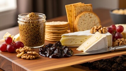 A sophisticated artisan cheese board with brie, fig jam, whole grain mustard, and crackers. Elegant, rustic presentation for entertaining and gourmet dining.