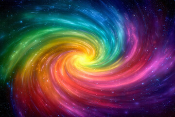 Vivid swirling galaxy with vibrant rainbow colors blending into a dynamic spiral pattern against a starry cosmic background in deep space