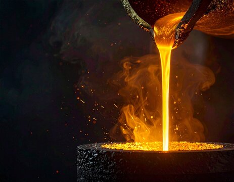 Molten Gold Pour: Witness the mesmerizing flow of molten gold as it cascades from a crucible, casting a radiant glow, signifying craftsmanship and preciousness.