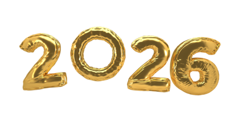 Luxurious Gold Foil "2026" Balloon Numbers — Shiny Inflatable 3D Golden Numerals on Dark Background for New Year Celebrations, Gala Events, Party Decor, Promotional Graphics and Marketing Campaigns